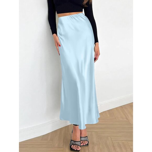 Elegant Satin Maxi Skirt for Women High Waisted Baby Blue Silk Fall Dressy Casul - Picture 4 of 7